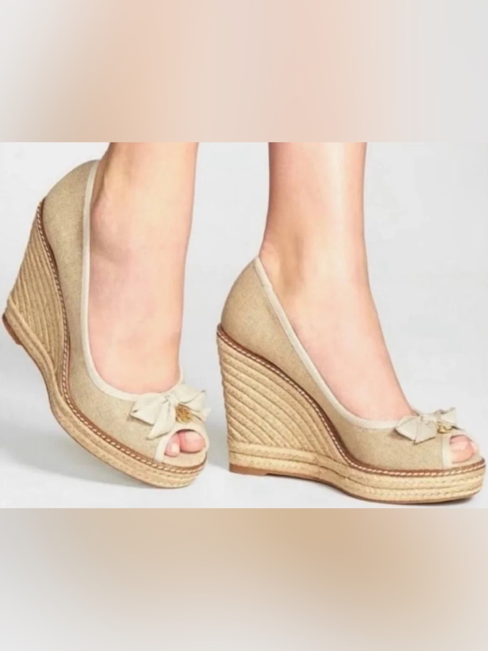 Beige Peep-Toe Wedge Tory Burch Pumps with Bow